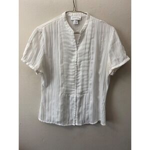 Chadwick's White Pleated Bib Beaded Mandarin Collar Blouse Size 14 Short Sleeve